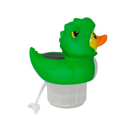 Rubber Duckie with Dinosaur Costume Solar Power LED 3” Pool Chlorinator – Large Capacity Floating Chemical Dispenser – UV-Resistant ABS Plastic