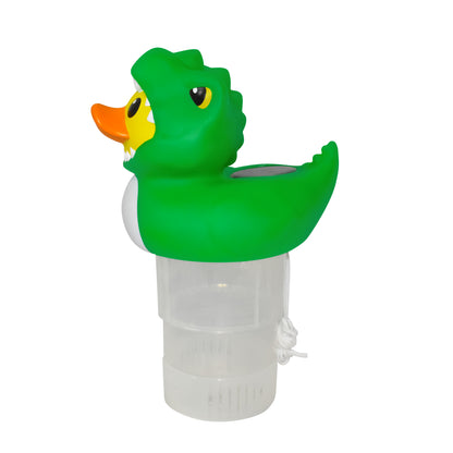 Rubber Duckie with Dinosaur Costume Solar Power LED 3” Pool Chlorinator – Large Capacity Floating Chemical Dispenser – UV-Resistant ABS Plastic