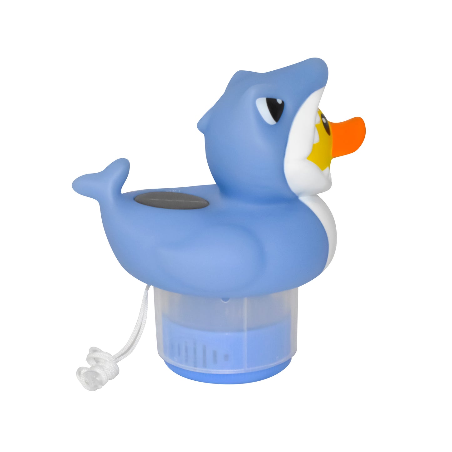 Rubber Duckie with Shark Costume Solar Power LED 3” Pool Chlorinator – Large Capacity Floating Chemical Dispenser – UV-Resistant ABS Plastic