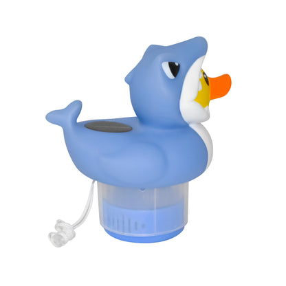Rubber Duckie with Shark Costume Solar Power LED 3” Pool Chlorinator – Large Capacity Floating Chemical Dispenser – UV-Resistant ABS Plastic