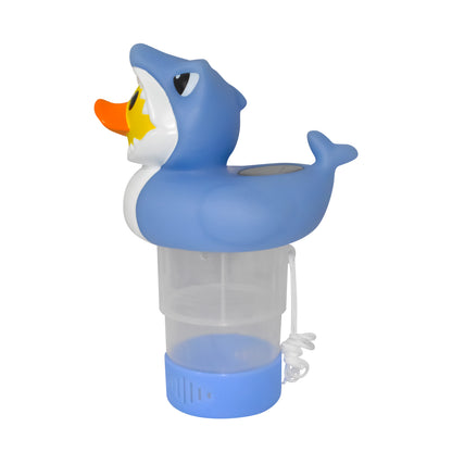 Rubber Duckie with Shark Costume Solar Power LED 3” Pool Chlorinator – Large Capacity Floating Chemical Dispenser – UV-Resistant ABS Plastic